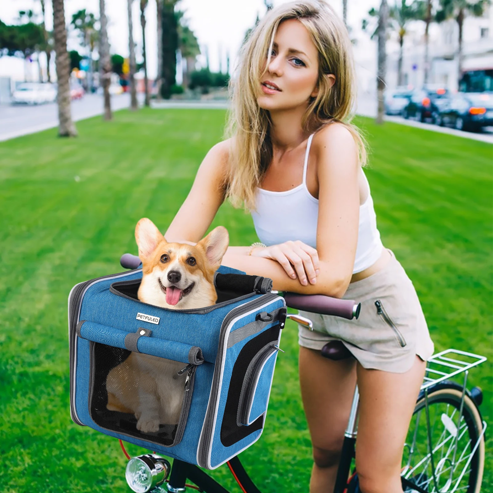 

PETFULED-Dog or Cat Bike Basket, Expandable Soft Sided Pet Carrier Backpack with 4 Open Doors, Foldable Dog Bike Carrier, Blue