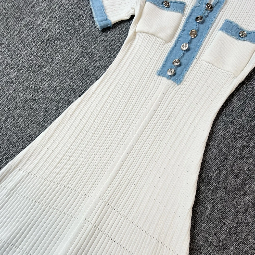 Yuoomuoo marca moda feminina vestido 2025 primavera verão vintage denim retalhos o pescoço de malha maxi vestido senhora do escritório vestidos