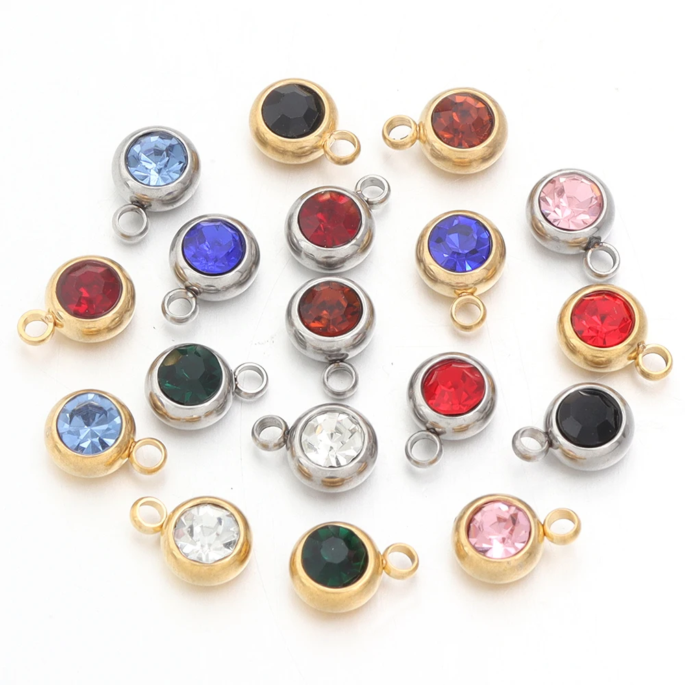 10Pcs Mini Birthstone Charms Stainless Steel Round Rhinestone Crystal Pendant for Jewelry Making DIY Necklace Bracelet Findings