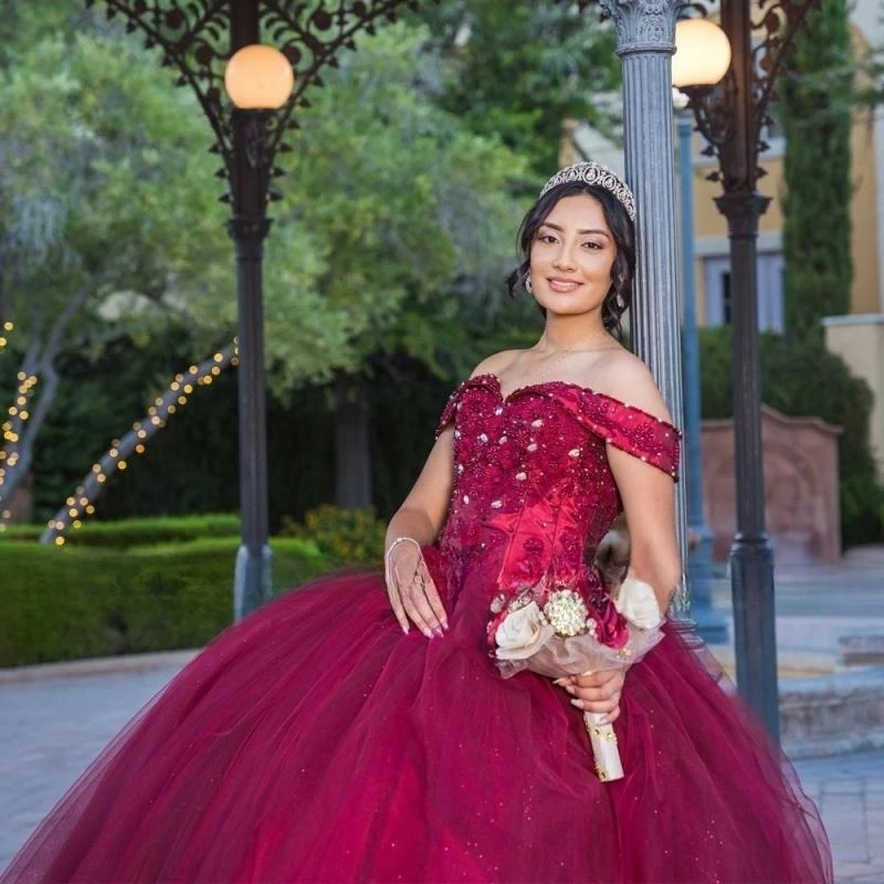 Princess Red Quinceanera Dress 2023 Long Puffy Skirt Ball Gown Prom Party Off Shoulder Sweet 15 16 Years Girl Birthday Pageant