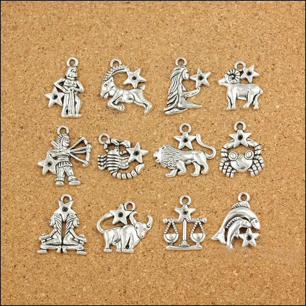 

12Pcs/set Tibetan Silver Mixed Zodiac Accessories for Jewelry Making Dangle Beads Charm Pendant