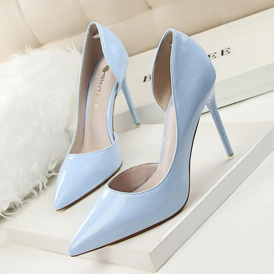 Sexy Pointed Toe Patent Leather Design Women Pumps Shallow Hollow Women Elegant Thin High Heels Stripper Shoes Career Work Shoes