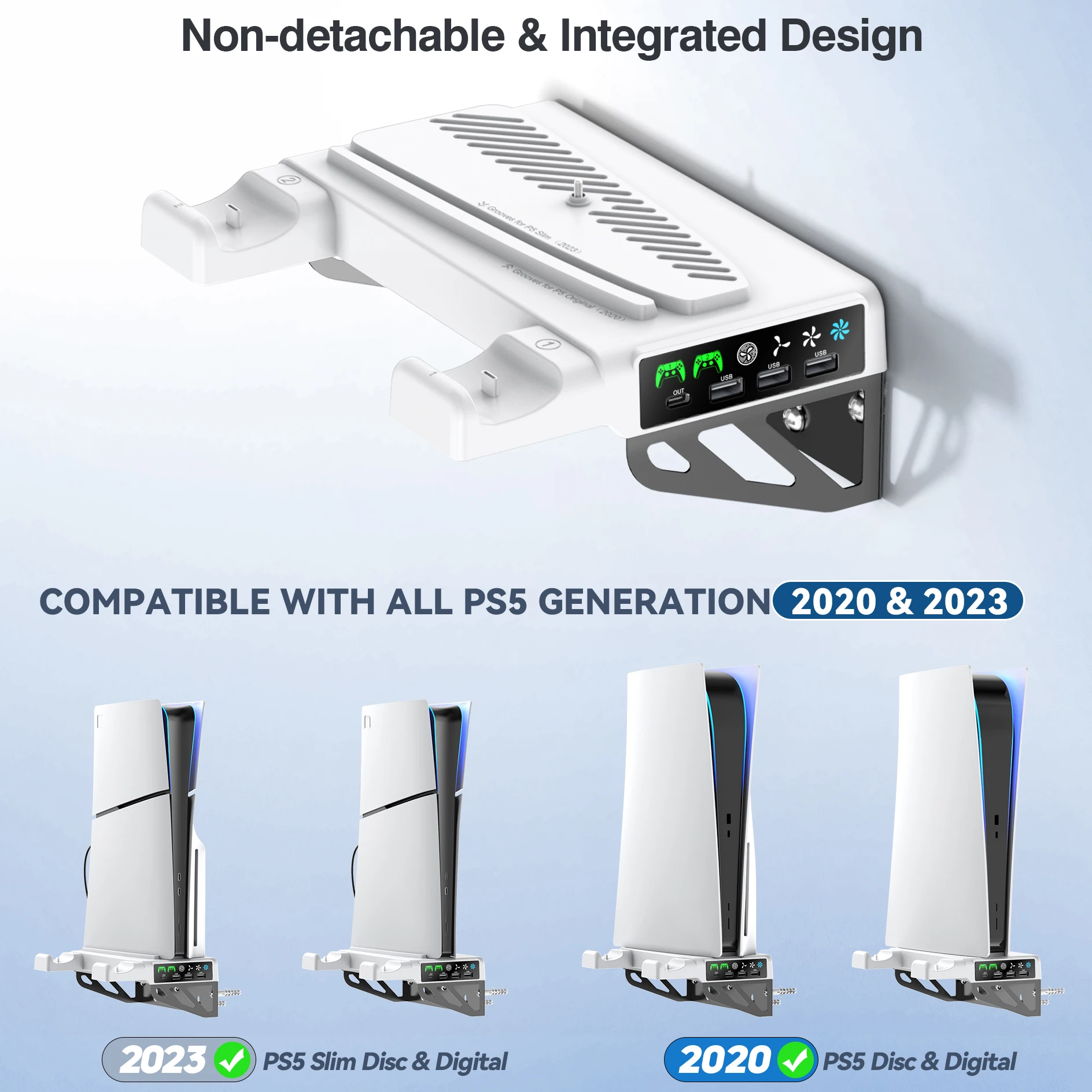 For PS5 Slim/PS5 Wall Mount Kit with Charging Station & Cooling Fans PS5 Slim Mount Behind TV with Headset Hanger PS5 Wall Stand