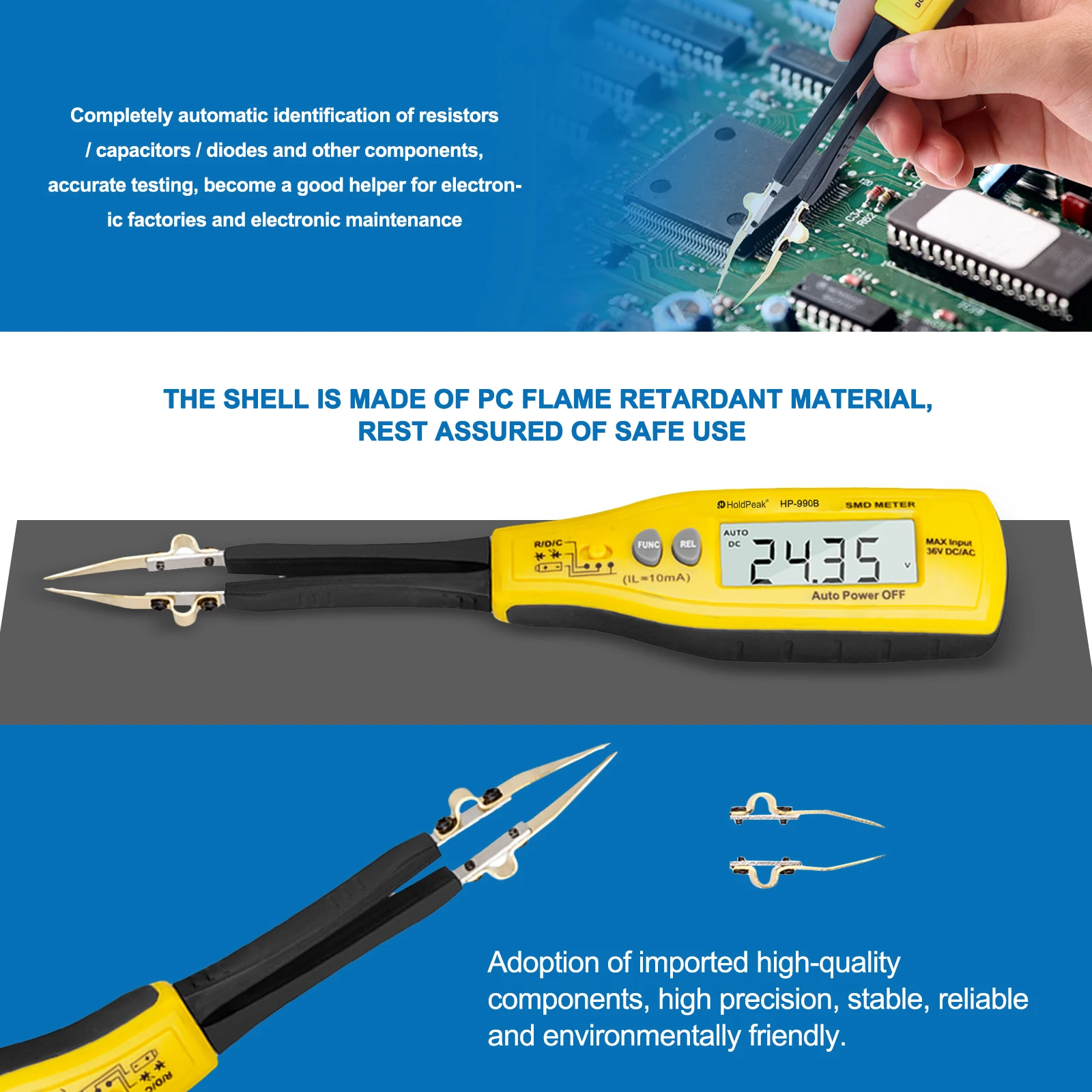 HOLDPEAK 990B Smart Tester Digital SMD Meter Handheld Resistance Capacitance 4000 Counts Tester Professional Digital Multimeter