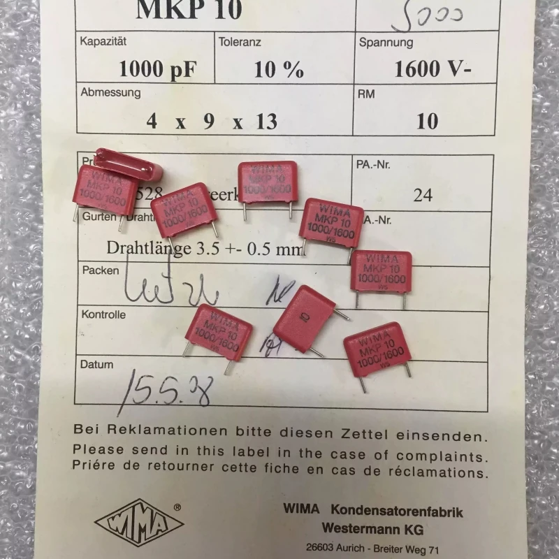 

WIMA MKP10 1000PF 1600V 102 1N Copper Pin Thin Film Fever Capacitor 10MM