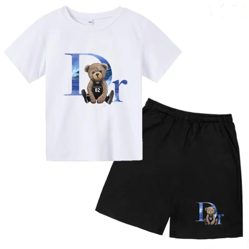 Kids Summer New Hot T-shirt Black Top 3-12Years Boys Girl Brand Breathable Short-sleeved+Shorts 2P Casual Coat Sport Jogging Set