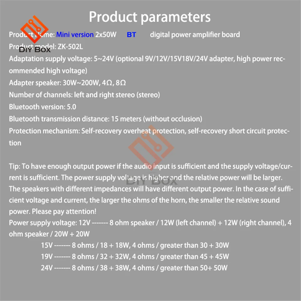 Sarini ZK-502L – Scheda Amplificatore Di Potenza Digitale Bluetooth 5.0, 2x50W, 5-24V, Con Interruttore E Manopola Volume, Custodia Inclusa