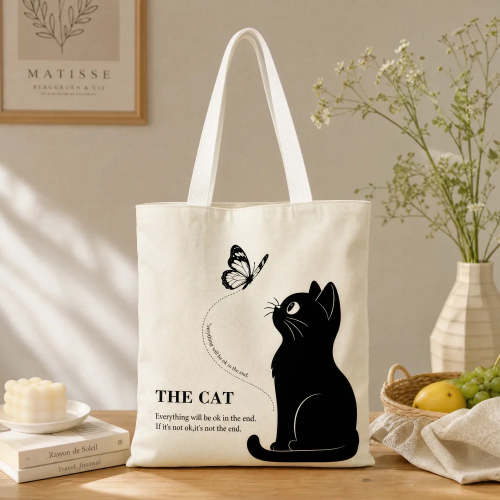 Sentimental Gift Canvas Shoulder Bag, Calm Black Cat Watching Butterfly Design for Women Friends