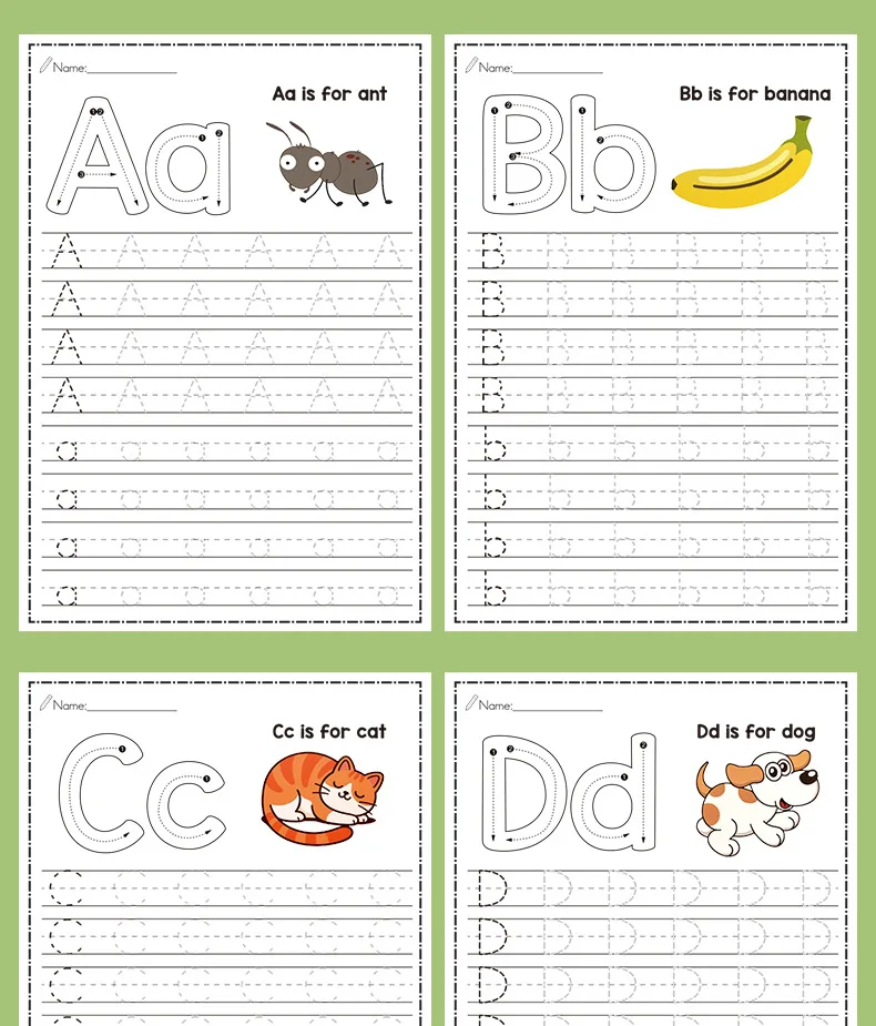 32-stronicowy zeszyt do ćwiczeń alfabetu A-Z - interaktywne nauka alfabetu i kreatywne, kolorowe zajęcia, rozwija umiejętności pisania