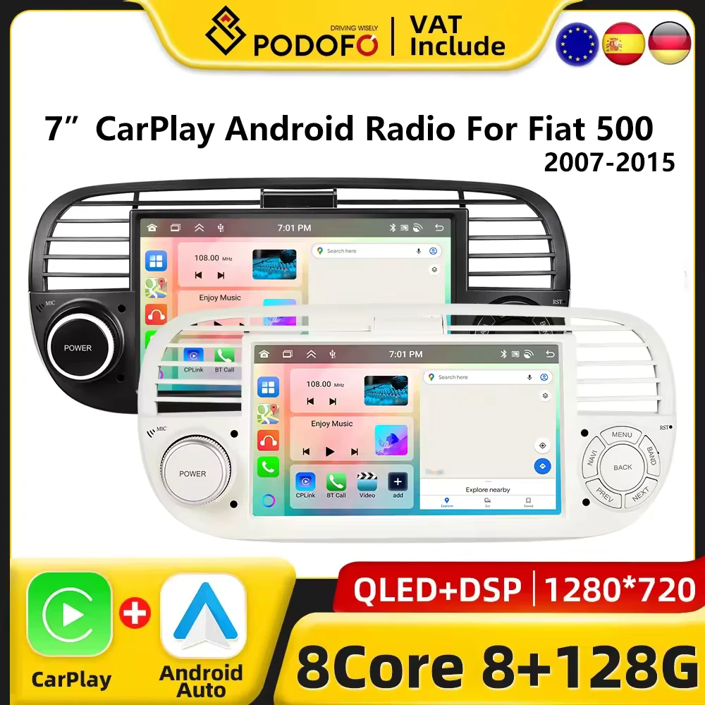 Podofo CarPlay راديو أندرويد لشركة فيات 500 2007-2015 نظام ذكي للسيارة 2din نظام تحديد المواقع استقبال ستيريو FM RDS وحدة رأس راديو السيارة