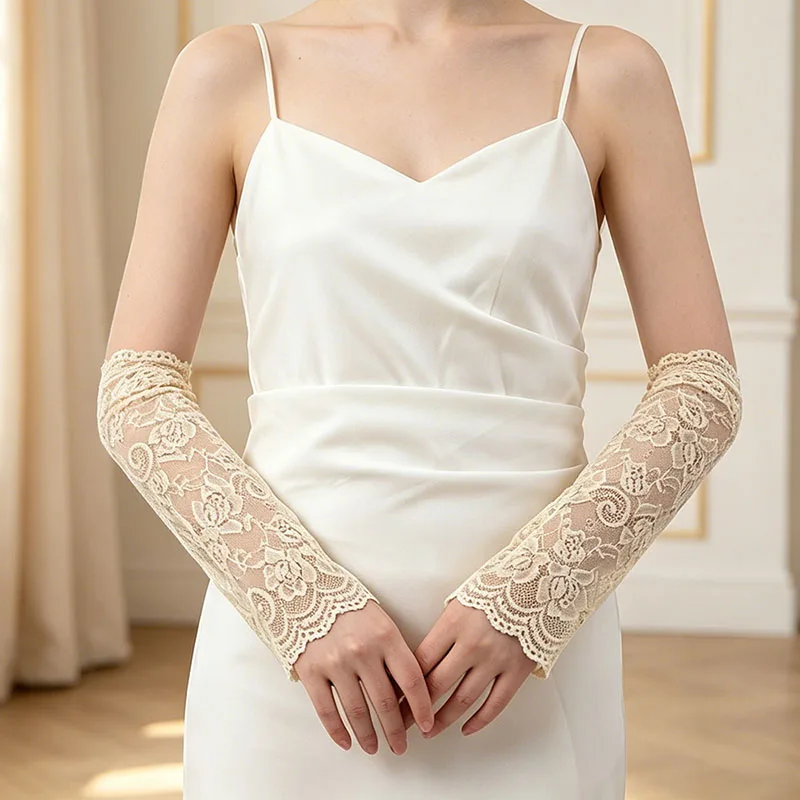 Summer Women Breathable Lace Fake Arm Sleeves Elastic Long Fingerless Driving Mittens Black White Beige Gloves