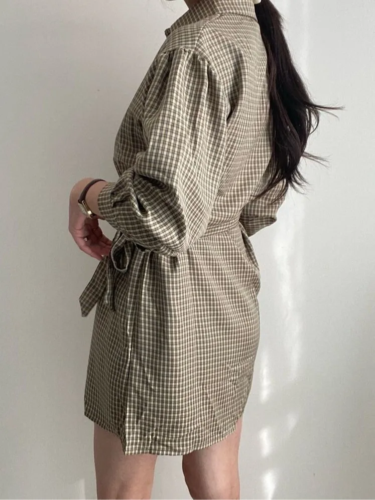 Frühling Herbst Plaid Kragen irt Dr Frauen Design Sinn Taille-Cinching Gürtel Lange Sve Unregelmäßigen Dr