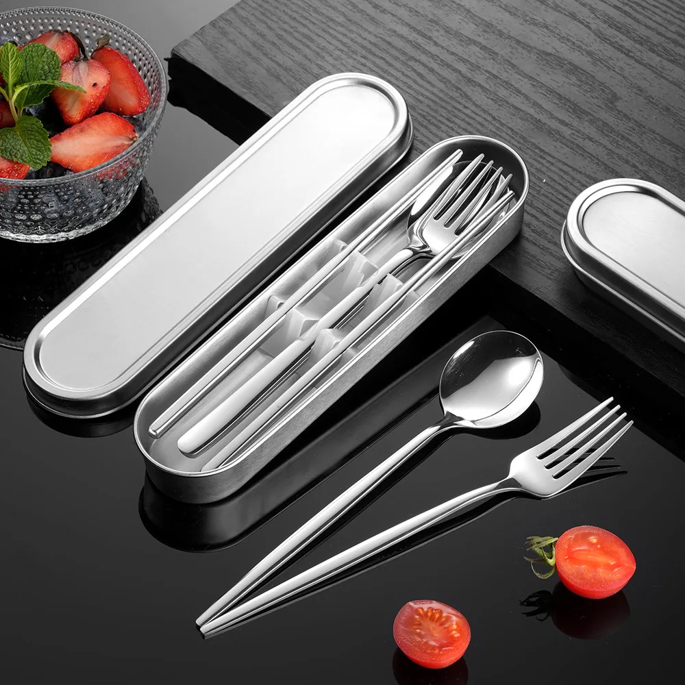 

Outdoor Portable Cutlery Set with Storage Box Camping Travel Dinnerware 304 Stainless Steel Spoon Fork Chopsticks Christmas Gift