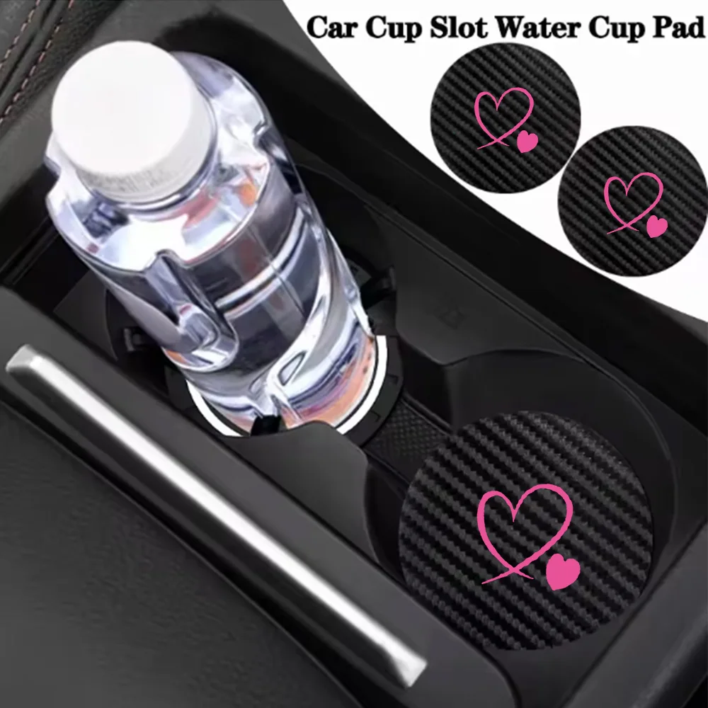 Acessórios para interior de carro em formato de coração, grandes e pequenos, rosa, com padrão de fibra de carbono, tapete para copos, coleção de acess