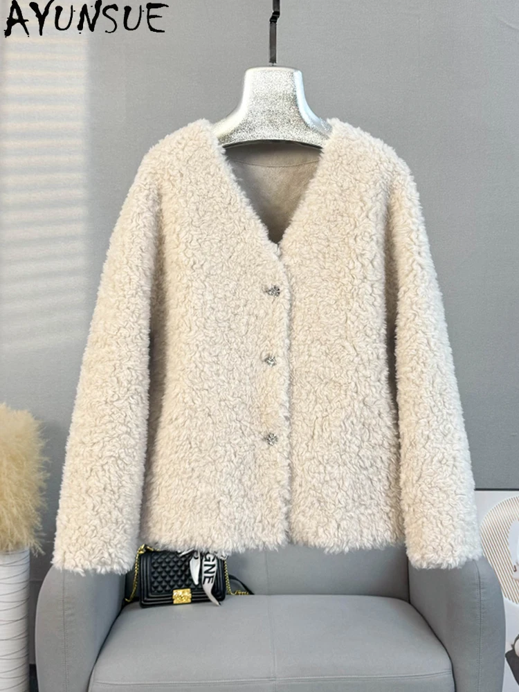 AYUNSUE 100% Naturalna Wełna Damska Kurtka 2025 Zima Dekolt V Futro Jagnięce Kurtka Odzież Damska Moda Odzież Wierzchnia Ropa Para Mujer
