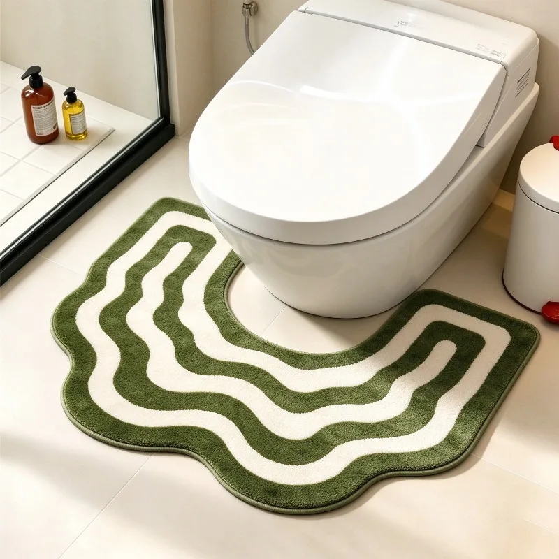 Vintage Green Wavy U-Shaped Toilet Contour Mat Minimalist Striped Bathroom Decor Rug Soft Plush Washable Bath Carpet Creative