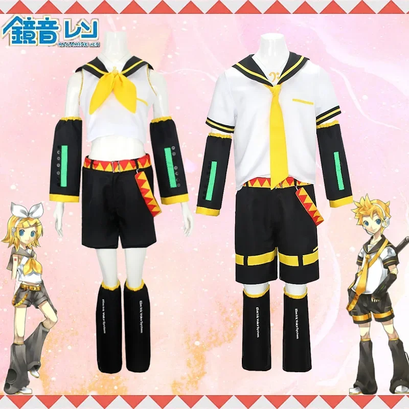 RT01 Rin Len Cosplay Anime Kcagamine Rin Len Cosplay Costumes Brother Sister JK Uniform Halloween Party Yellow Wigs Top Pant&Gf1