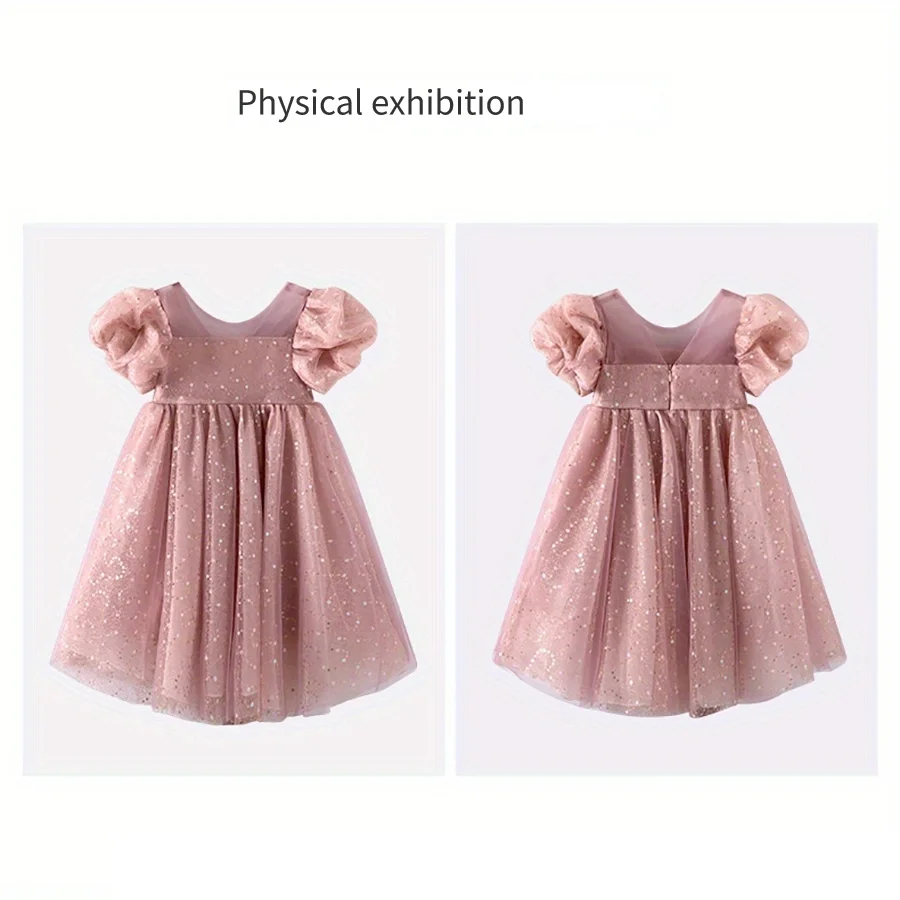 Children\'s A-line dress summer fashion sequin bubble sleeve mesh girl princess dress party dance dress clothing baby dress 3y-8y