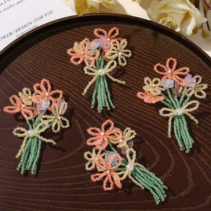 5pcs Tulip Flowers Rice Bead Bouquet patch,diy Hair clip,hats,Shoes Flower Sew On Patch For Clothing bag