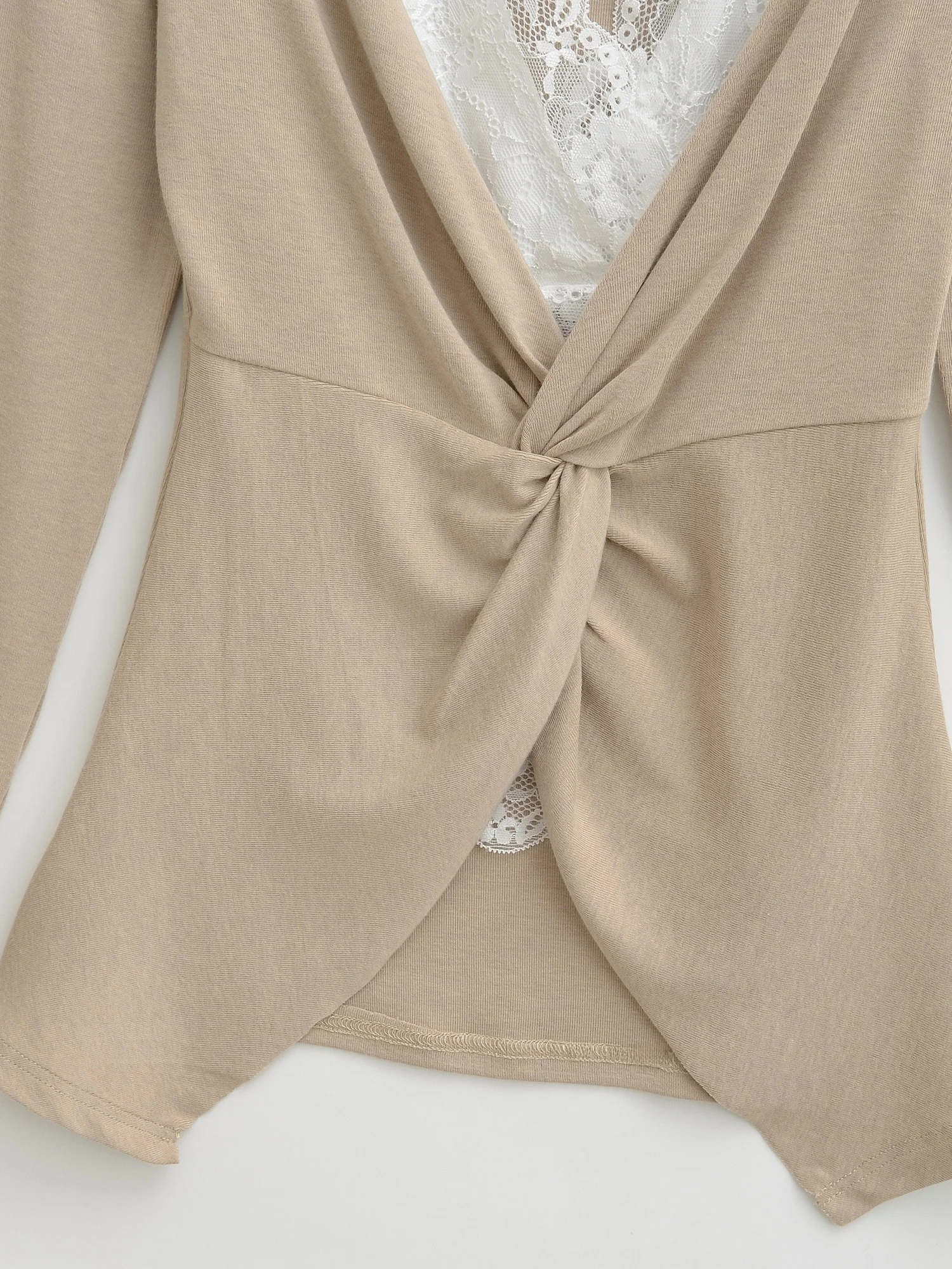 セクシーなアメリカンスタイル長袖Tシャツ レディースデザイン スリムフィット レースパネル Vネック ノットトップ ポリエステル綿スパンデックス混紡