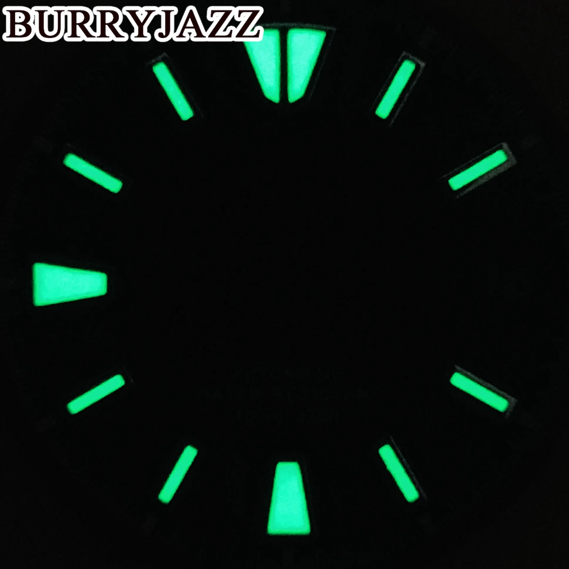 BURRYJAZZ 29mm No Logo NH35 Watch Dials Black Dial Green Luminous Fit 3 O'clock 3.8 O'clock Case Crown