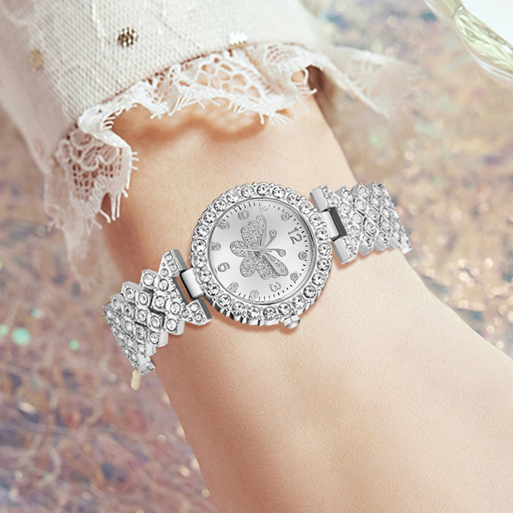 طقم ساعات نسائية فاخرة مكون من 5 قطع، عصري مع عنصر فراشة من حجر الراين، طقم سوار ساعة كوارتز هدية مثالية