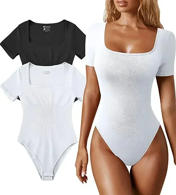 Body de manga corta para mujer, Top elástico negro y blanco, mono Sexy con cuello cuadrado, Tops de cuerpo, ropa de calle, 2023