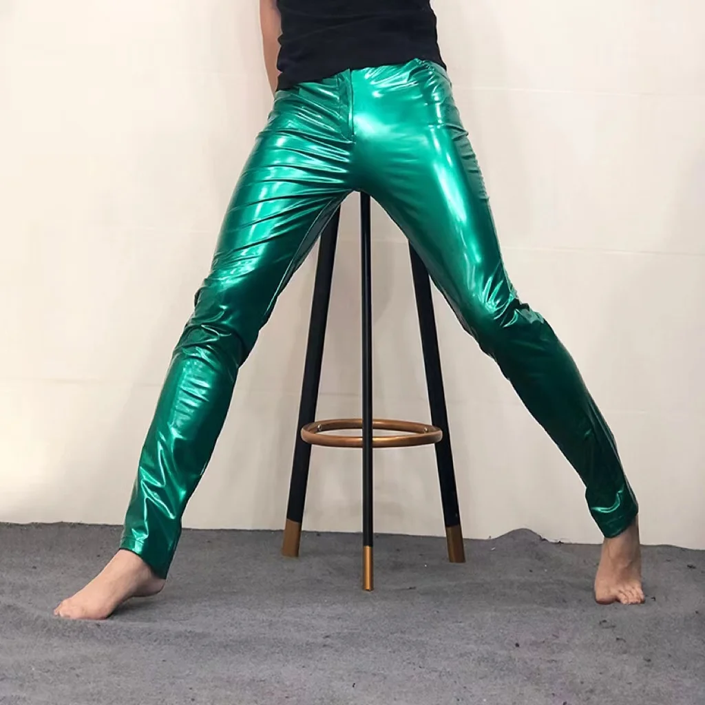 Shinny Leather Pants Sexy Nightclub Men's DS Costumes Anti-bright PU Pants  Purple Tight Stretch Trousers Men Motorcycle Pants