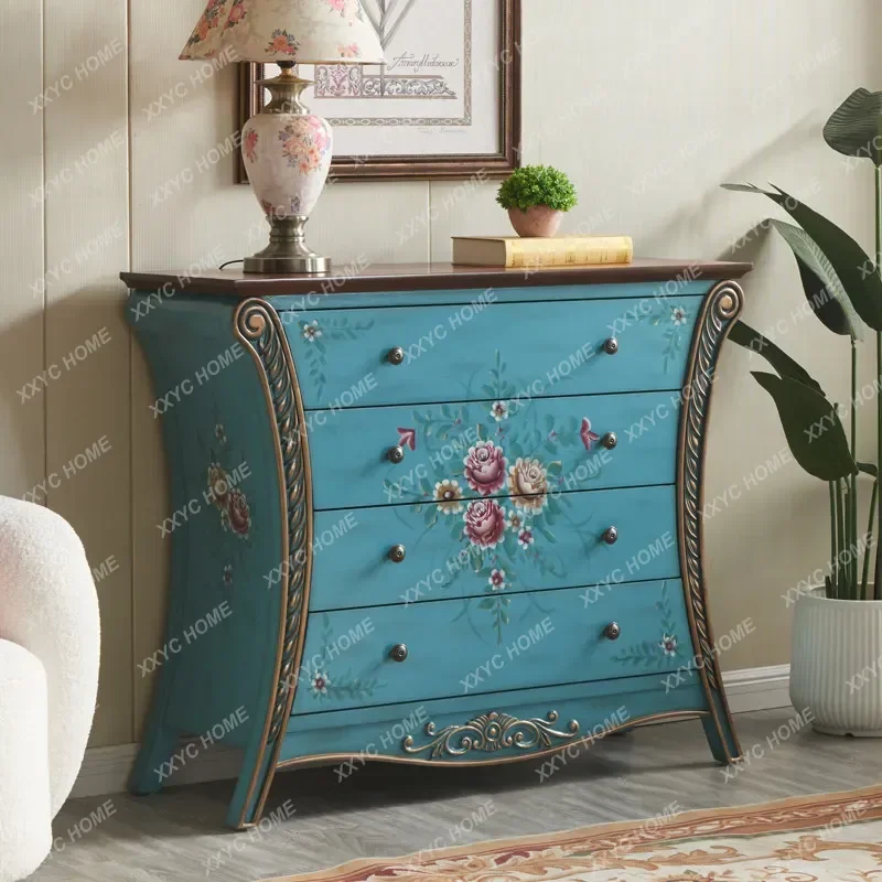 

solid wood four-chest cabinet retro painted foyer entrance cabinet living room decoration cabinetTJ