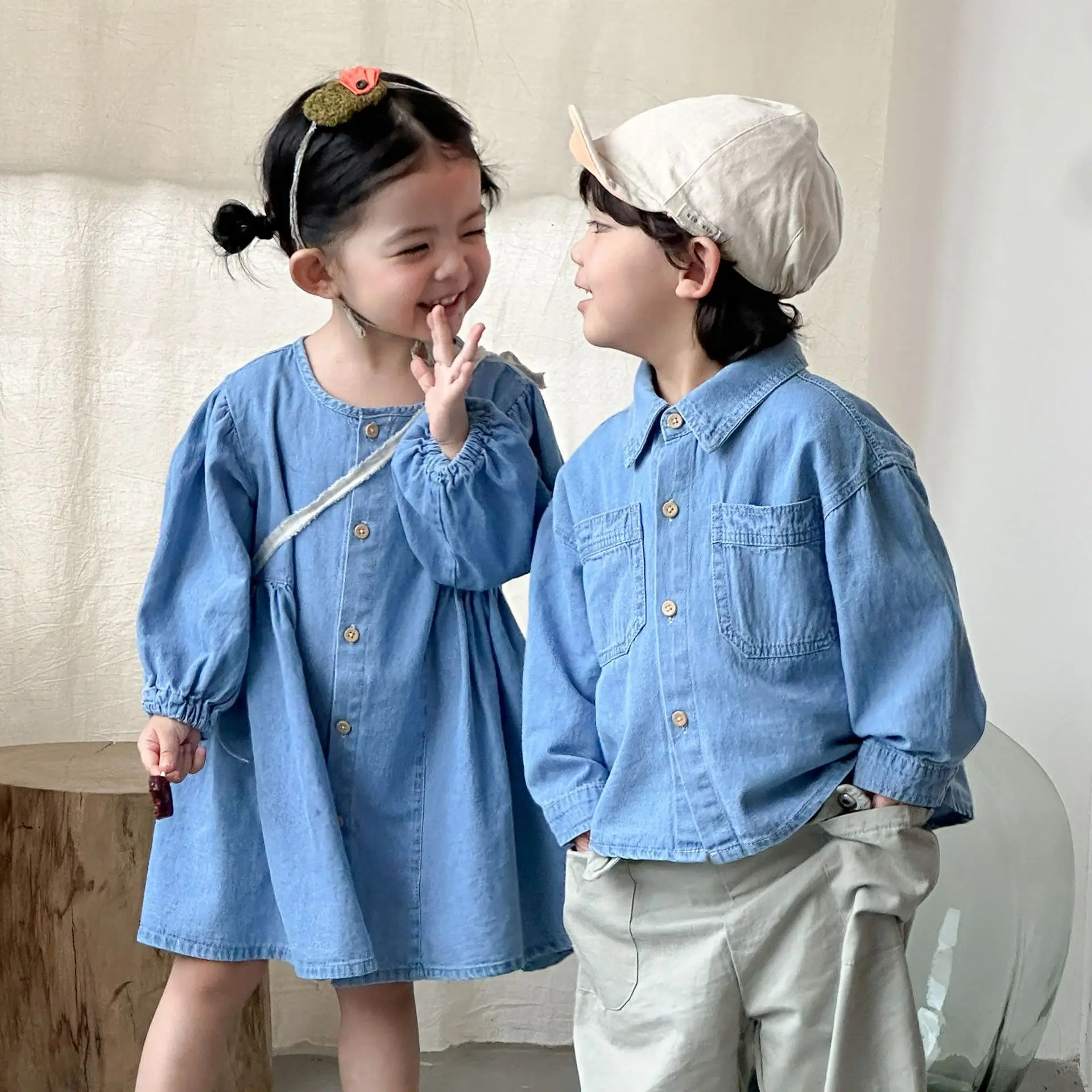 Girls Denim Dress Children 2026 New Spring and Autumn Baby Boys Long Sleeve Shirt Brother and Sister Spring Clothes