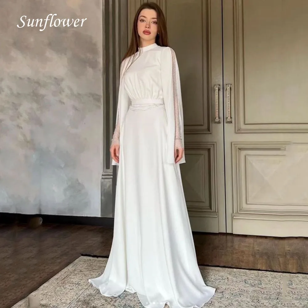 

Sunflower High Neck Prom Gowns Long Sleeve A-LINE Evening Dress Simple Slim Floor-Length Party Dress 2023 Satin High-end Custom