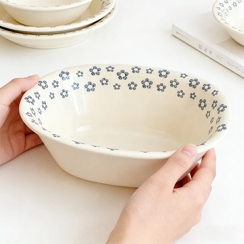 

Vintage Small Blue Flower Ceramic Bowl High Beauty Oval Deep Bowl for Salad Fruit Yogurt Noodles Personal Special Use Tableware