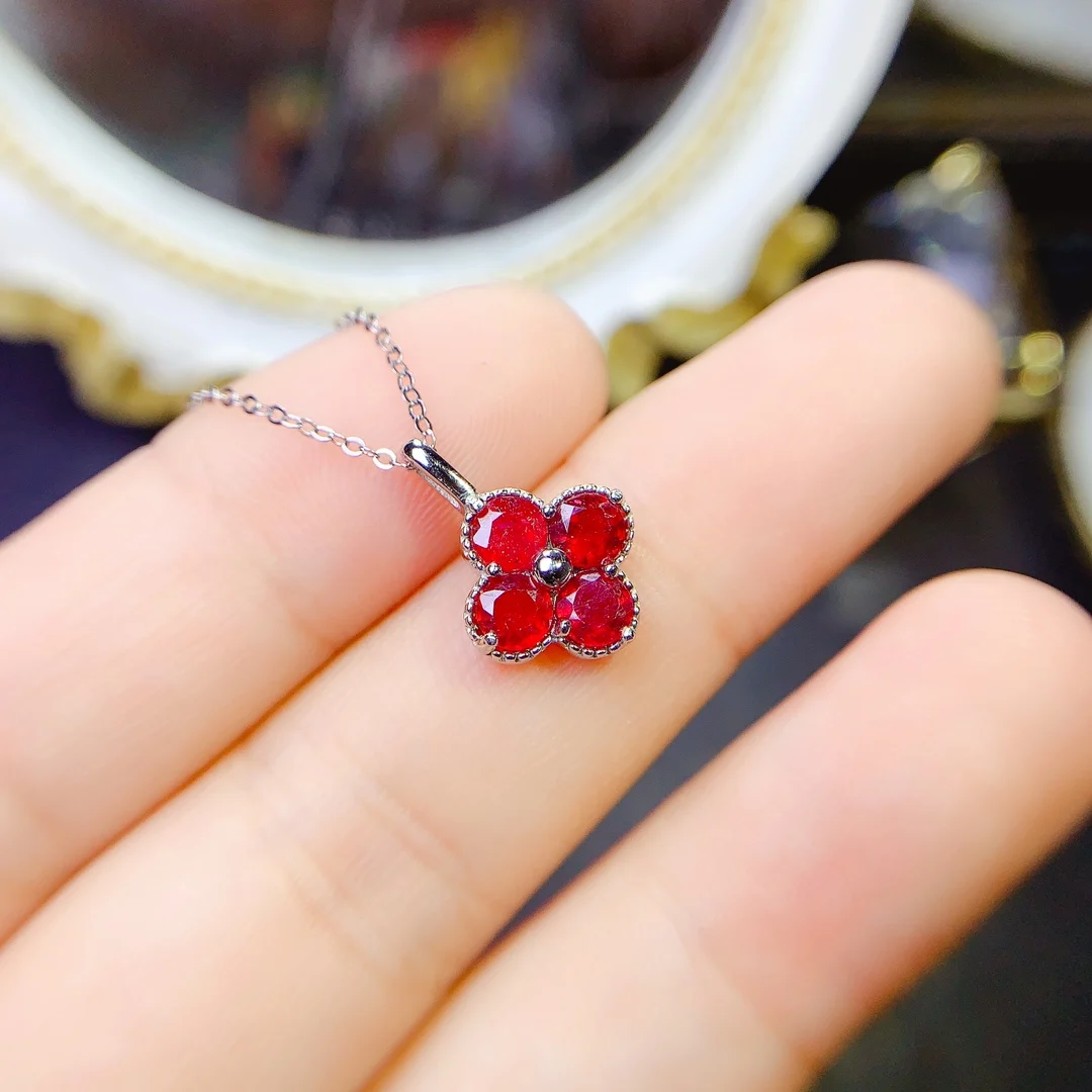 

Natural Ruby Four-Leaf Clover Pendant, 925 Silver Certified, 5x5mm gemstone, Girl's Holiday Gift, Free product shipping