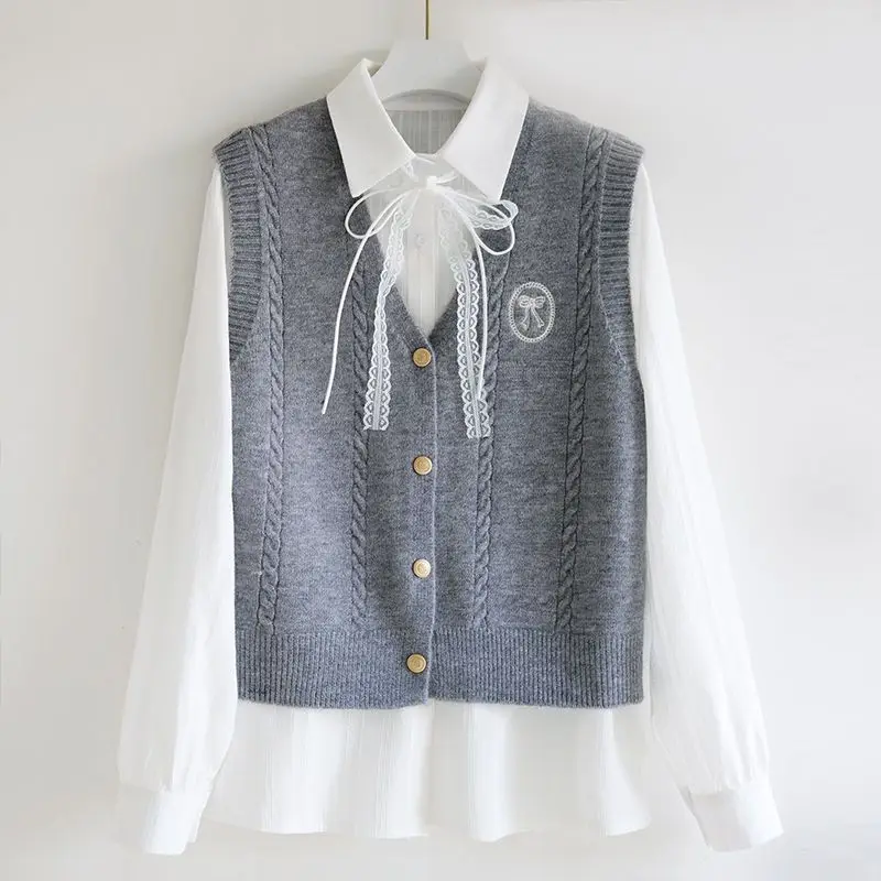 

Japan Fashion Preppy Style Y2k Women Tops Bow Tie Long-sleeved Shirt New Knitted with Knitted Vest Elegant Retro Blouse Sweater