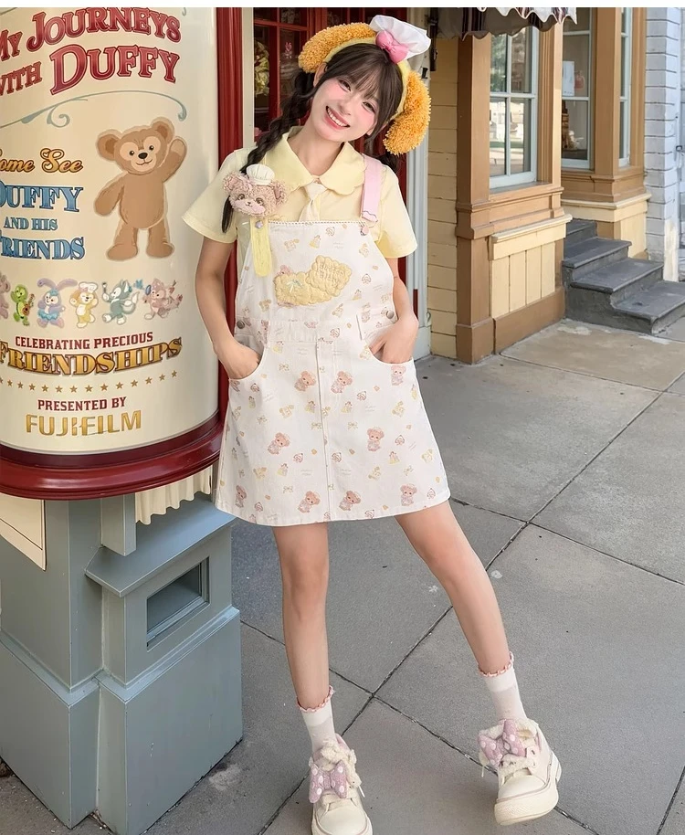 2025 여름 신상 스윗하고 인기있는 루즈핏 곰 프린트 스트랩 드레스 미니 여성용 옐로우 타이 칼라 반팔 셔츠
