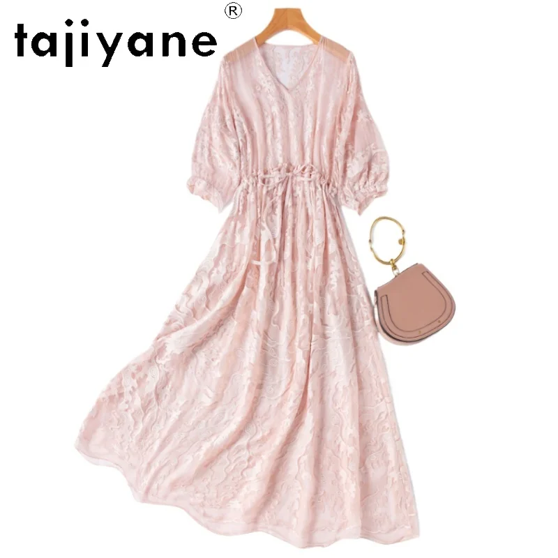 

TAJIYANE 100% Mulberry Silk Long Dresses for Woman Pink Embroidered V Neck Dress Elegant Summer Women Clothing 2025 Vestidos