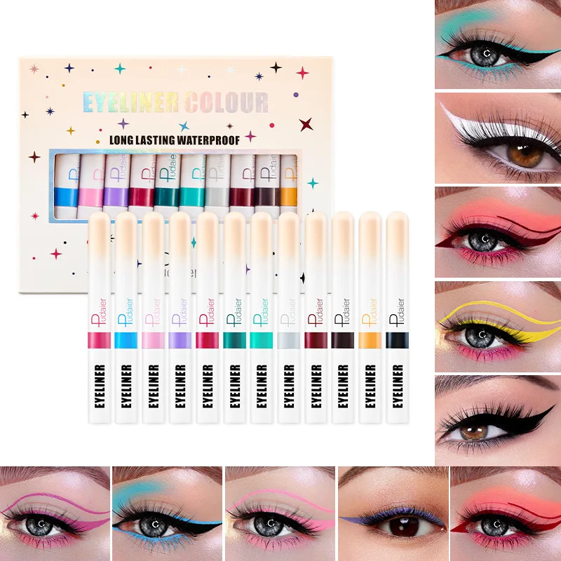 Pudaier 12 Colors White Liquid Eyeshadow Eyeliner Pencil Set Durable Waterproof Matte Nude Eye Shadow Liner For Women Cosmetics