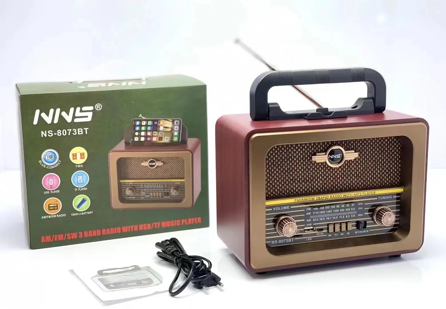 NNS NS-8073BT New Design Battery Vintage Solar Band Radio Fm Am Portable Mini Home Radio With Bt Usb Tf Line Audio Led