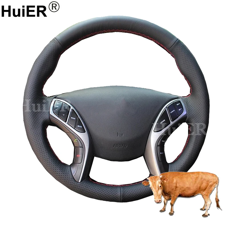 

Cow Leather Hand Sewing Car Steering Wheel Cover Wear-resistant Black Leather For Hyundai Elantra 2011-2016 Avante i30 2012-2016