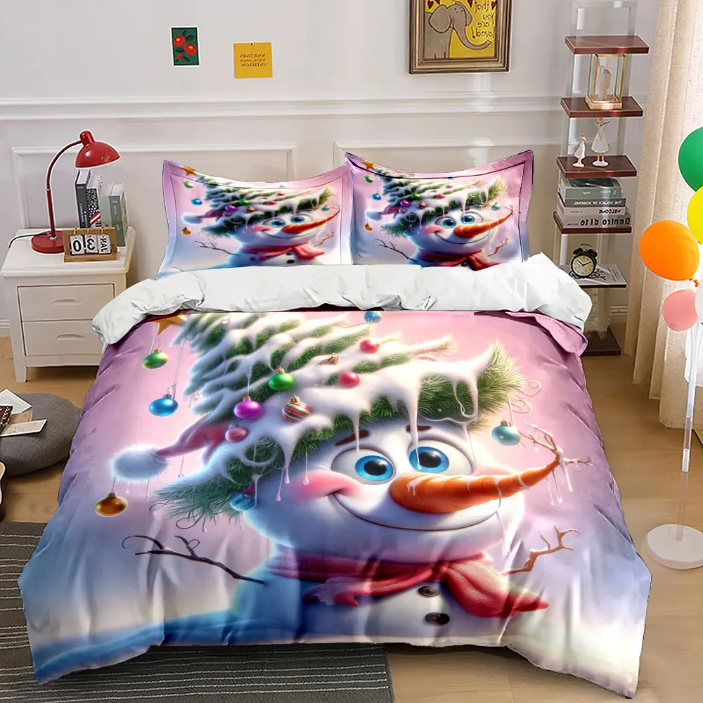 Adorable snowman wearing a decorated Christmas tree hat Print Duvet Cover Bedding Set Included 1*Duvet Cover 2*Pillowcases