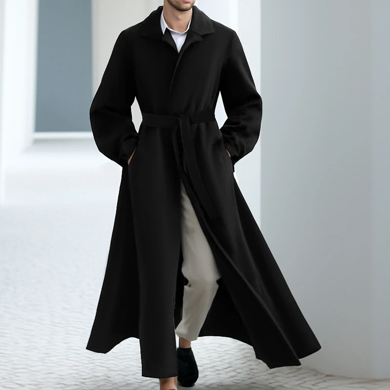 

INCERUN мужской плащ сплошной цвет с лацканами и длинными рукавами мужские длинные стильные пальто с поясом уличная одежда свободная модная ветровка верхняя одежда