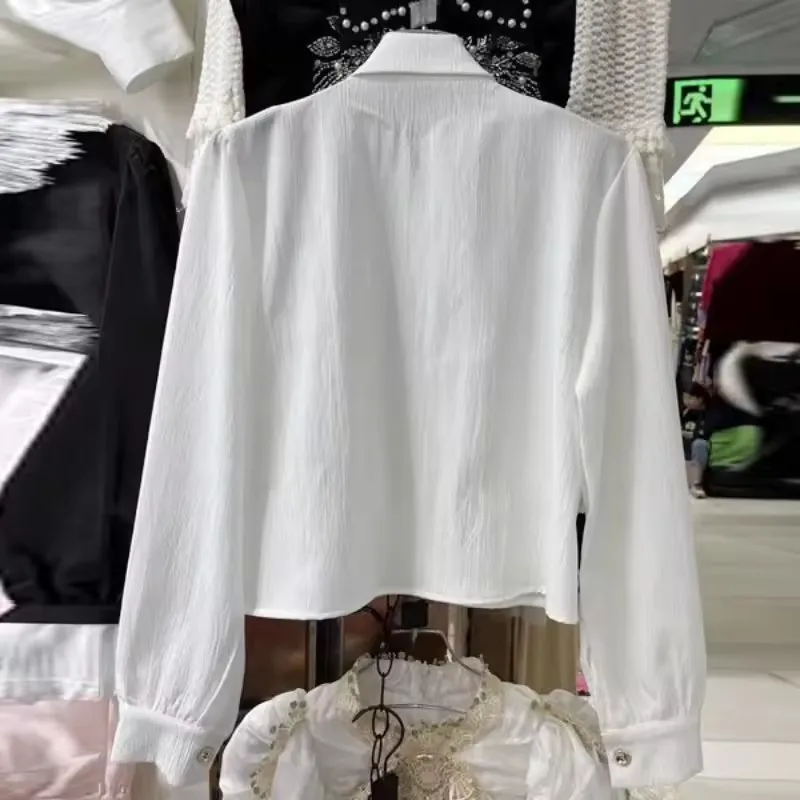 Moda pesada miçangas lantejoulas camisa branca para mulher 2025 nova lapela pescoço blusa preta y2k manga longa babados topos mujer
