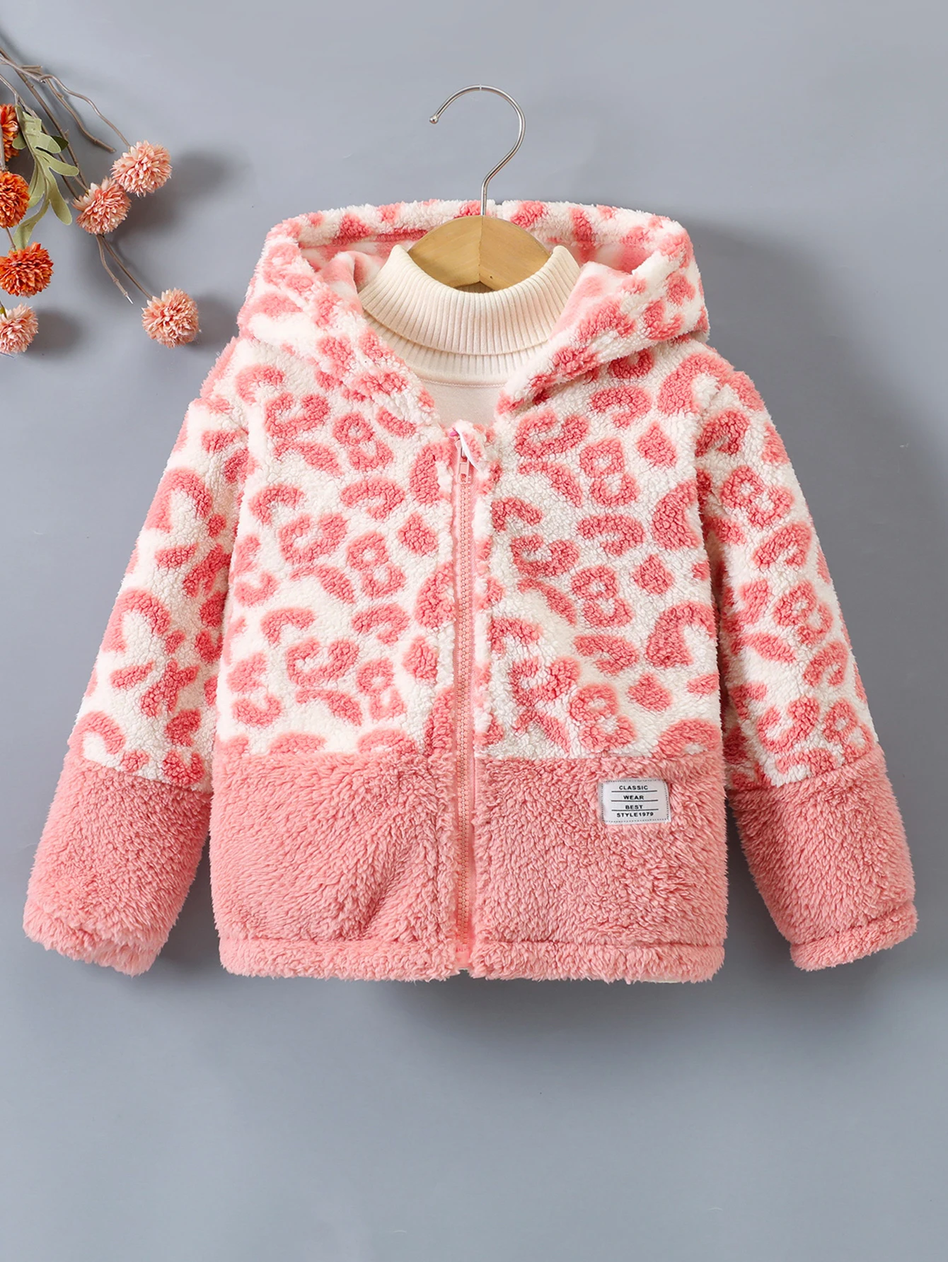 Girls Autumn and Winter Fashion Leopard Print Color Patchwork Warm Comfortable Plush Cardigan Fleece Hooded Coat