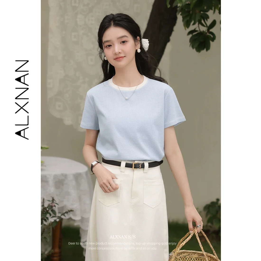 

ALXNAN Blue T-shirt Women Casual Elegant Short Sleeve T-shirts Fashion Basic Round Neck Slim-fit 2026 Summer Tops Ladies VL55008