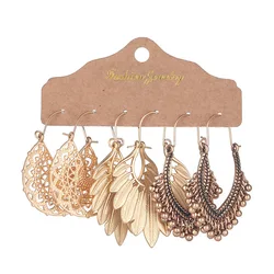 Boho Gold Color Metal Hollow Earring Set for Women Retro Geometric Carved Leaf Heart Shaped Earrings Indian Jewellery Brincos