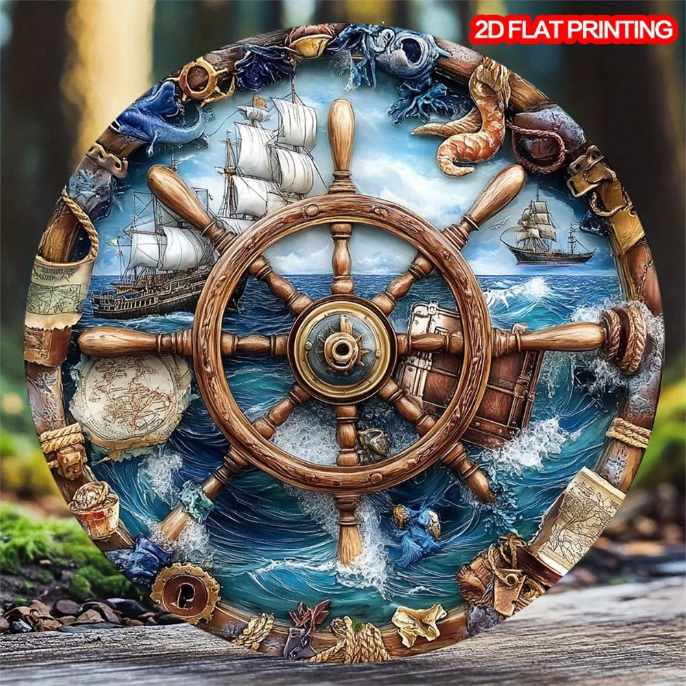 8x8 Inch Steampunk Nautical Metal Wall Decor, Rustic Sea Round Sign with Pre-Drilled Holes for Home Garden
