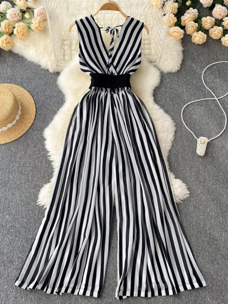 Women Chiffon Striped Jumpsuits Summer Sexy V-neck Sleeveless Elegant Wide-leg Long Pants Playsuits Ladies Dot Romper Overall