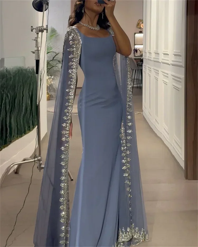 Customized Evening Dresses Luxury Crystal Blue Mermaid Dubai Evening Dresses  Cape Sleeves Elegant Arabic Women personalized