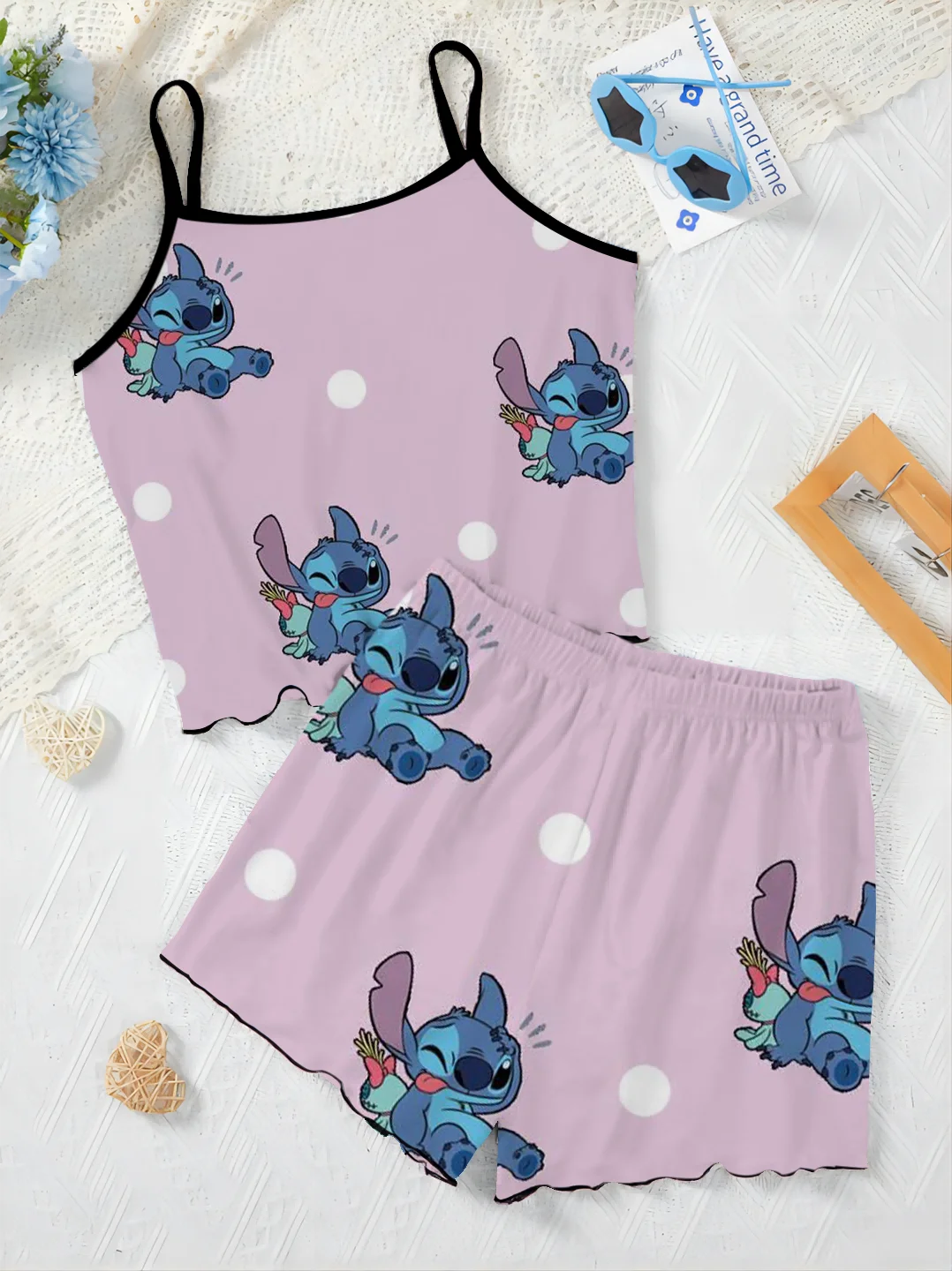 Ensemble jupe pyjama Disney pour femme, robe de maison au point trempé, haut et t-shirt, garniture de laitue Disney, ensembles courts élégants, 2 pièces