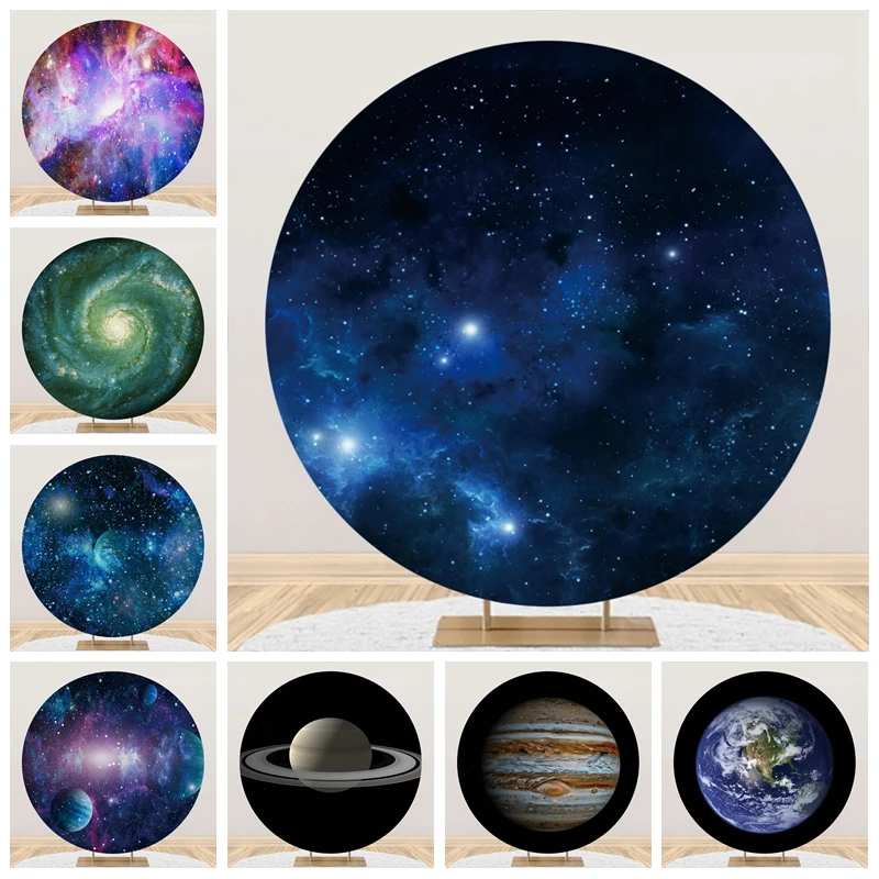 Blue Starry Sky Cosmic Space Round Backdrop Cover Moon Cloud Galaxy Stars Baby Birthday Party Elastic Background Custom